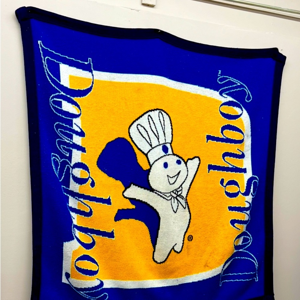 Vintage Pillsbury Doughboy Blanket 2000 Blue Yellow White Stadium Throw 58 x 61"